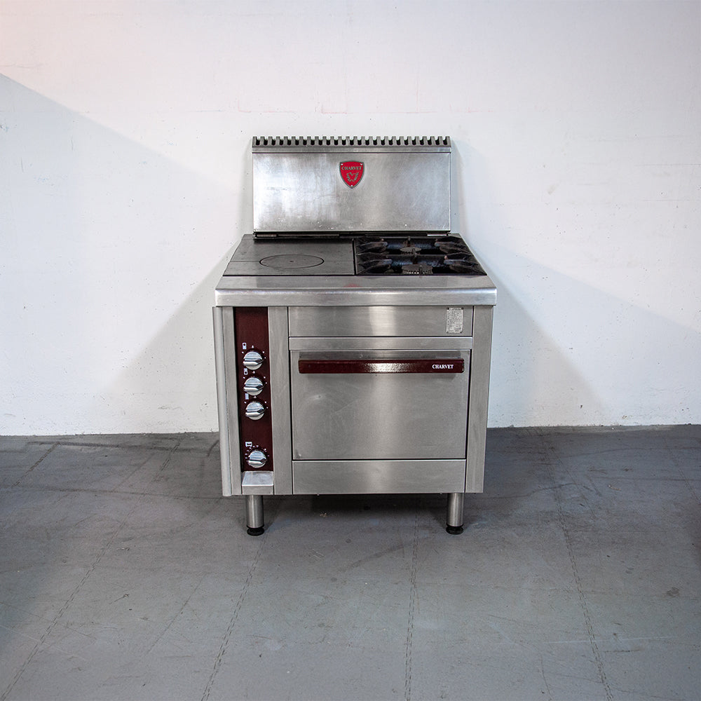 Fourneau 1 plaque coup de feu, 2 feux nus sur four gaz GN 2/1 - Charvet PRO900 G3 PL/FN