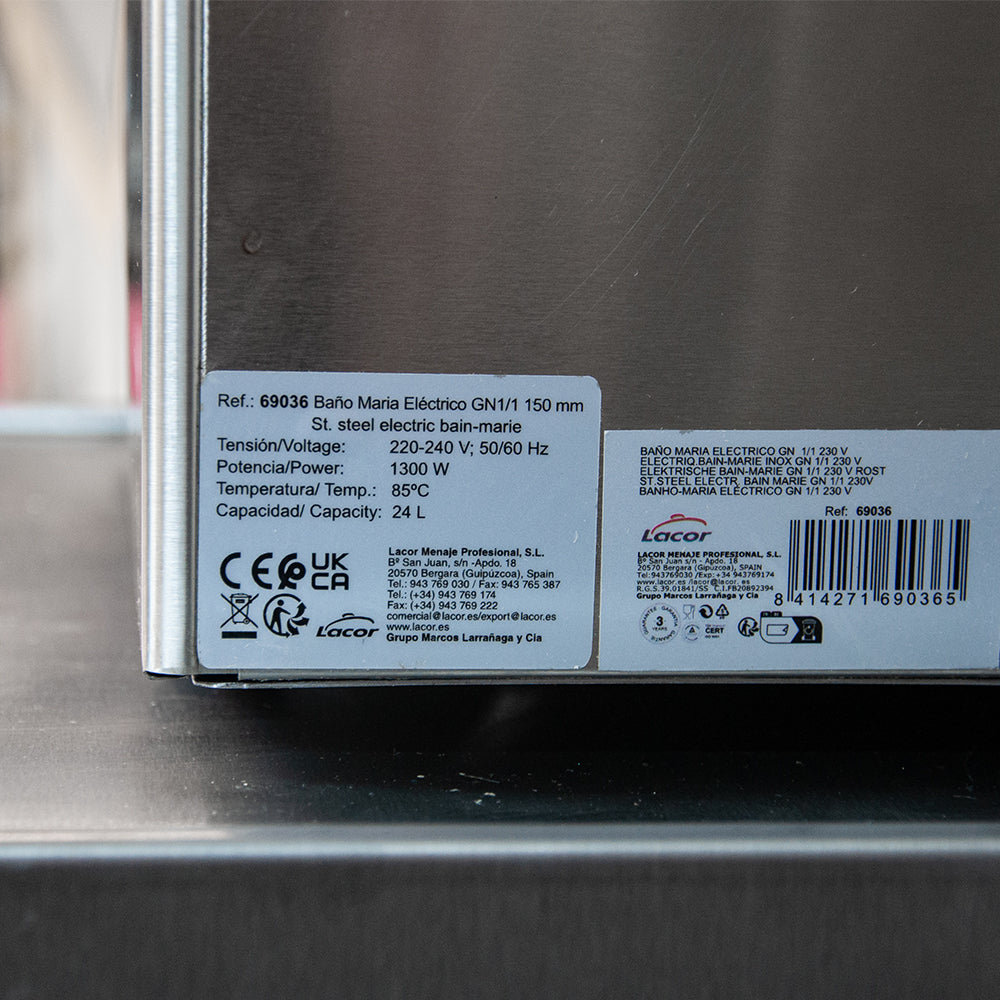 Bain-marie électrique inox à poser GN 1/1 avec robinet - 24 L - 1300 W - Lacor 69036